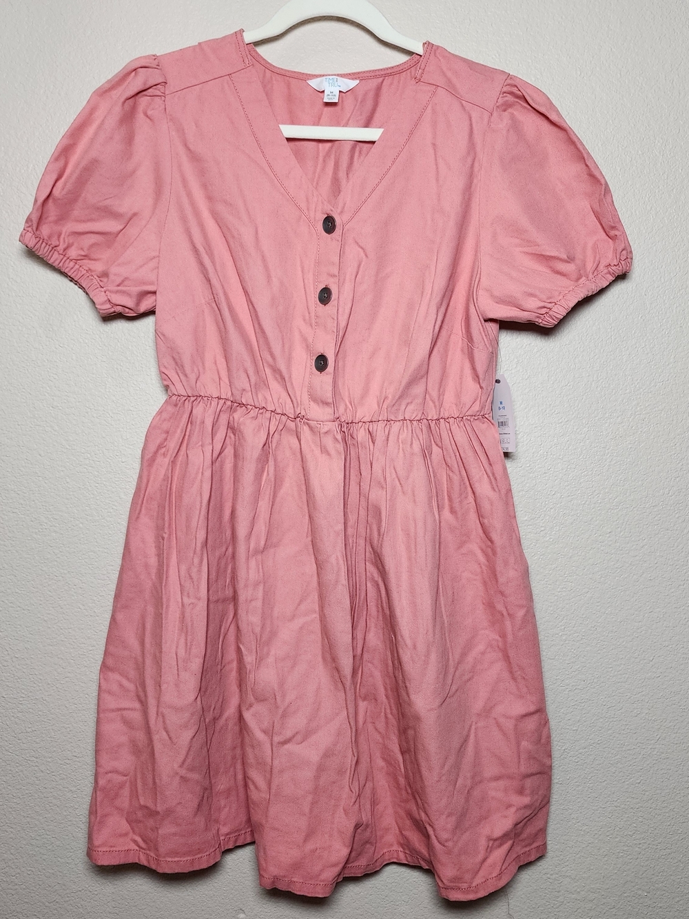 Salmon Coral Pink V-Neck Button Front Puff Sleeve Cottagecore Dress